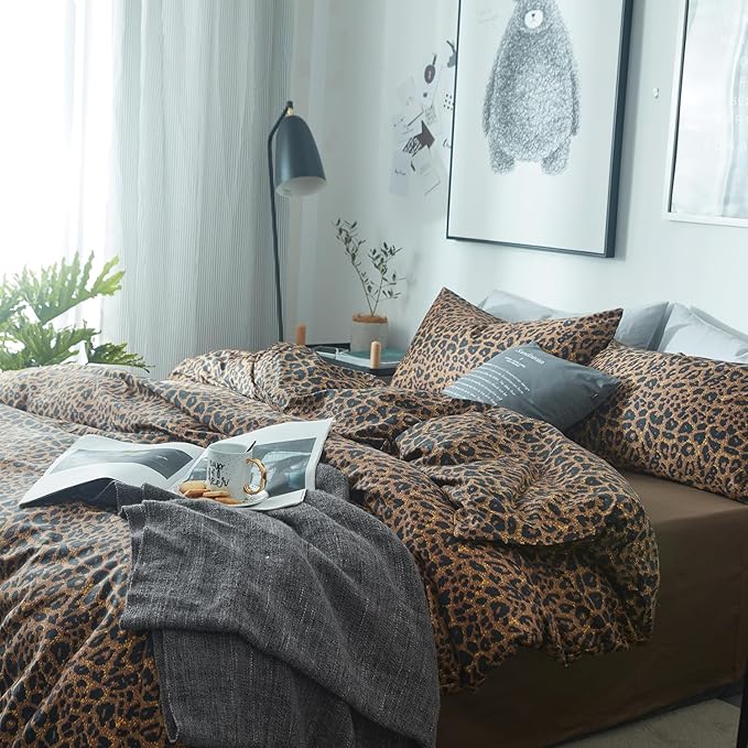 mixinni Leopard Print Duvet Cover California King Size Long Staple Cotton Bedding Set with Zipper Closure Ties, Perfect for Man and Woman, Ultra Soft and Easy Care (3pcs, California King Size)