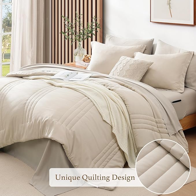 Monbix King Size Comforter Set - 7 Pieces Bed in a Bag King, Apricot Beige Bedding Sets with Comforter, All Seasons Comforter Bed Set with Sheets, Pillowcases & Shams