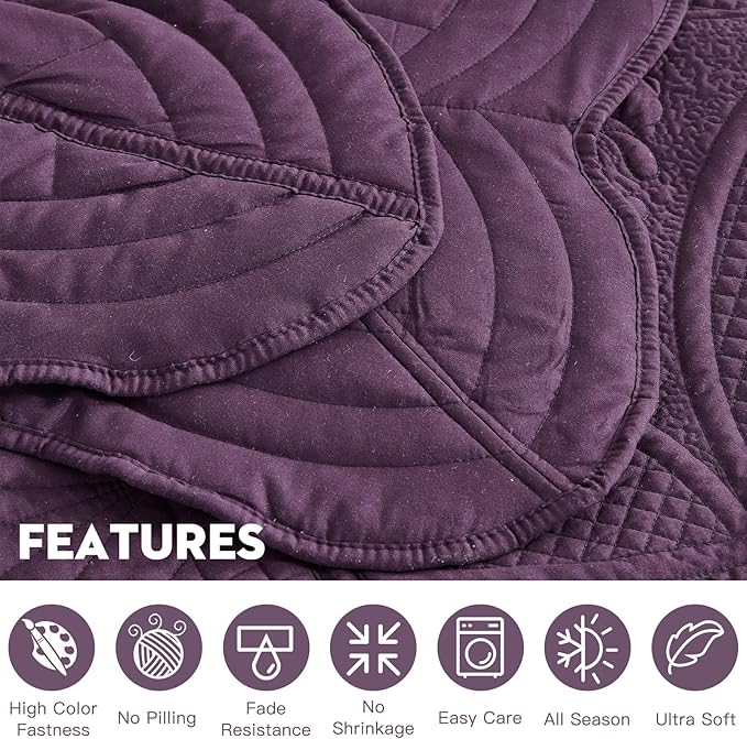 Oversized Bedspread - King Size Bedding Cover - Modern & Contemporary Coverlet Set, Real Stitching, Reversible, Lightweight, 5 Piece, Purple