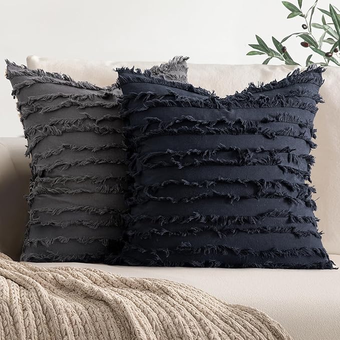 MIULEE Set of 2 Decorative Boho Throw Pillow Covers Linen Striped Jacquard Pattern Cushion Covers for Sofa Couch Living Room Bedroom 20x20 Inch Navy Blue