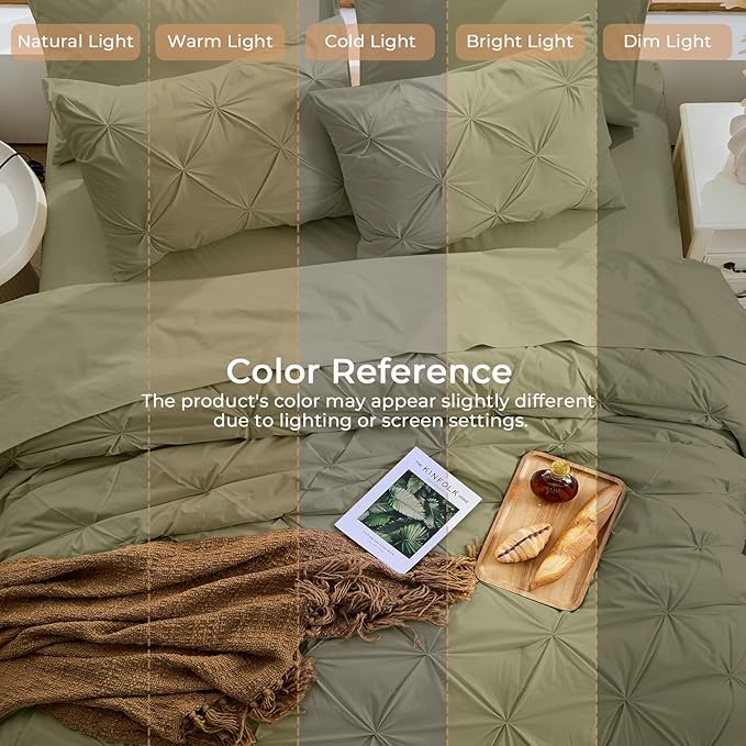 Sasttie King Size Comforter Set, 7-Piece Bed in a Bag, Pintuck Bedding Sets for All Season, Includes Comforter, Flat Sheet, Fitted Sheet, Pillowcases and Pillowshams, Olive Green