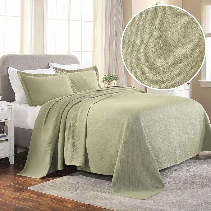 Superior 3 Piece Basketweave Cotton Bedspread Set, Home Bed Decor, Decorative Bed Spread, 2 Pillow Shams, Medium Weight Blanket, Matelasse Coverlet Bedding, Geometric Lattice Pattern, King, Sage