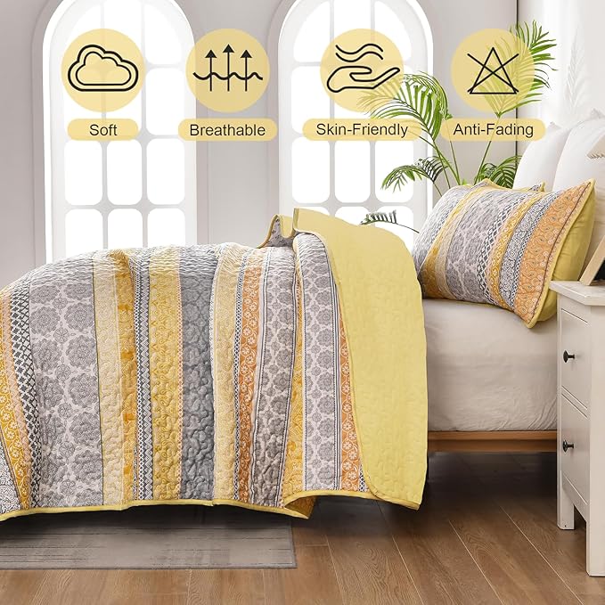 WONGS BEDDING Boho Quilt Set Queen Size, Yellow Bohemian 3 Pieces Fall Quilt Sets, Lightweight Bedspread Coverlet Bedding Set for All Season (96"x90")