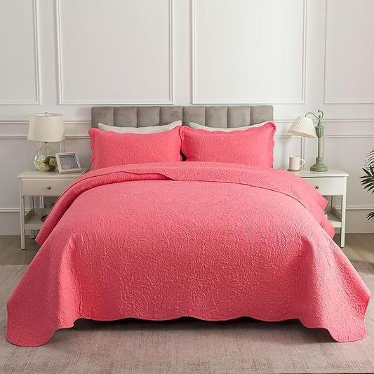 HoneiLife Queen Quilt Bedding Set - Microfiber Quilt Sets for Queen Bed, 3-Piece Lightweight Bedspreads,Reversible Coverlets Rustic Bedlinen Sets, Floral Bedding Set All Season Quilts-Sugar Coral