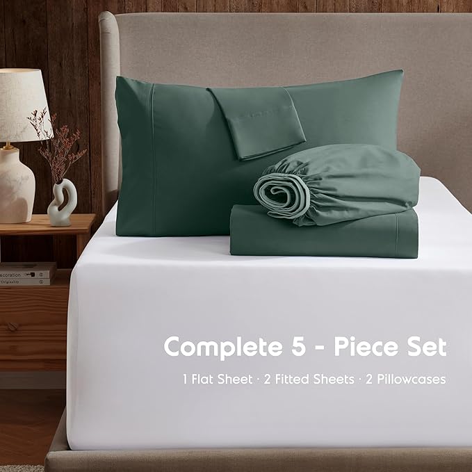 Nestl Split King Sheet Set - 1800 Ultra-Soft Microfiber Bed Sheets - Double Brushed - Deep Pockets - Easy Fit - 5 Piece Set - Bed Sheets & Pillowcases (Split King, Forest Green)