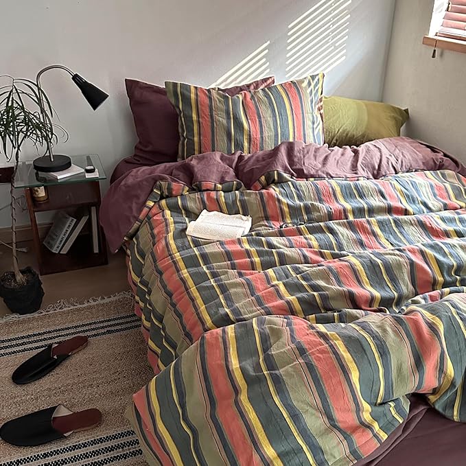 mixinni Vintage Striped Duvet Cover Set Full Size - 3 Piece 100% Washed Cotton Bedding Set, Soft & Breathable, Colorful Striped Pattern Printed Comforter Cover for All Seasons