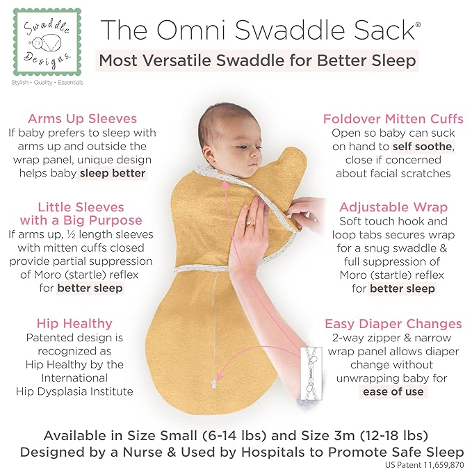SwaddleDesigns 6-Way Omni Swaddle Sack Arms Up Swaddle for Newborn, More Options to Calm Startle Reflex, Improves Sleep, Easy Transition Baby Sleep Sack, Small, 0-3 Mo, 6-12 lbs, Heathered Gold