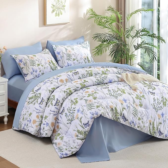 Yiran King Size Comforter Set, 7 Pieces Blue White Floral Soft Bedding Sets, King Bed in a Bag Botanical Flowers All Season Comforter, Sheets, Pillowcases & Shams