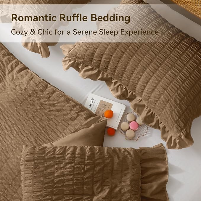 JOLLYVOGUE Twin Size Comforter Set, 2 Pieces Oak Brown Seersucker Lightweight Fluffy Bedding Set, Twin Ruffle Comforter, All Season Soft Microfiber Shabby Chic Bed Set