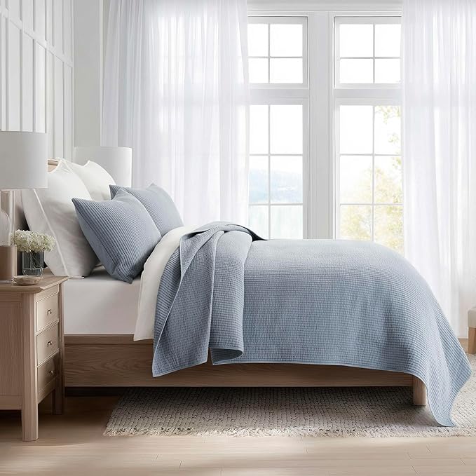 EVERGRACEHOME Cotton Coverlet Set King Size 3 Pieces, Lightweight Soft Ribbed Matelassé Bedspread Quilt Set, Cozy Oversized Quilted Bedding Set with 2 Pillow Shams for All Seasons, Blue Linen