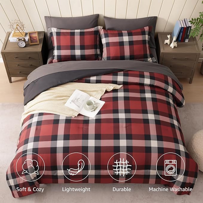 Queen Comforter Set, Red Plaid Bedding Set 7 Pieces for Boys Girls Teen, Classic Checkered All Season Bed in a Bag with Sheets, Pillowcases & Shams