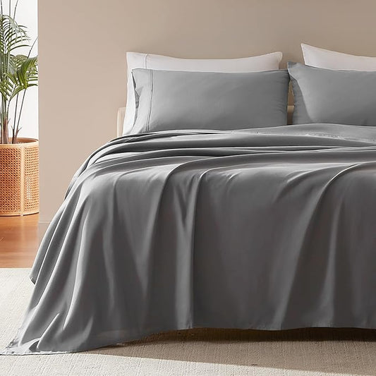 SLEEP ZONE Nanotex Super Soft Cooling Twin Bed Sheets Set for Kids 3 Piece - Easy Care Fitted Flat Sheet & Pillowcase Sets - Wrinkle Free, Fade Resistant, Deep Pocket 16" (Gull Gray, Twin)
