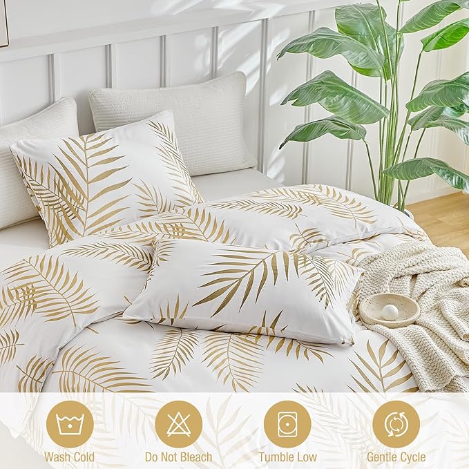 Lekesky King Duvet Cover Set, White and Gold Tropical Palm Leaf Pattern Comforter Cover King Size, 3 Pieces Soft Microfiber Bedding Sets with Zipper & 2 Pillowcases, Comforter Not Included