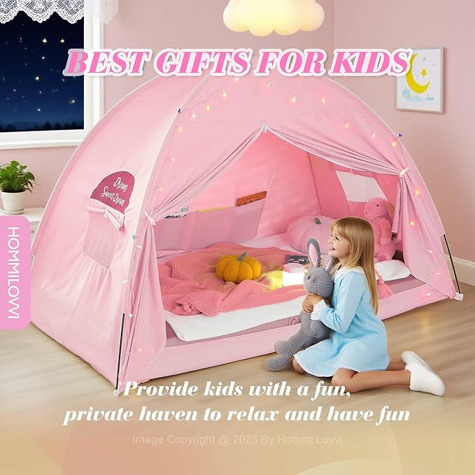 Twin Bed Tent for Girls, Indoor Blackout Sleeping Tent with Dreamy Canopy, Breathable Privacy Bunk Beds, Ideal for Drafty Rooms or Cottage-Style Spaces, Pink