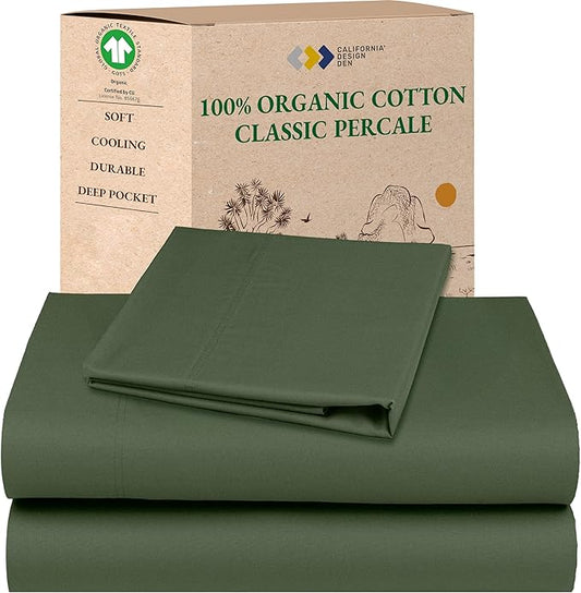 California Design Den Soft 100% Cotton Percale Sheets Twin Size Bed Set with Deep Pockets - Crisp, Breathable and Durable Cotton Bedding Set - Olive Green