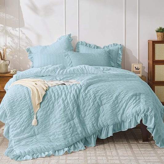 JOLLYVOGUE Light Blue Queen Comforter Set, 3 Pieces Seersucker Comforters Queen Size, Lightweight & Fluffy Bedding Sets for All Season with 1 Ruffle Comforter & 2 Ruffle Pillowshams