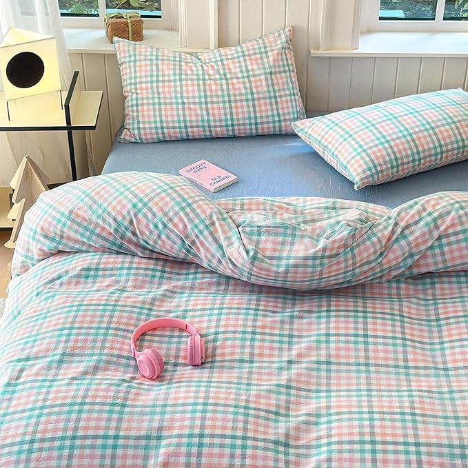 LifeTB Gingham Comforter Set Twin XL Multi-Colored Plaid Comforter Set 3 Pieces Checkered Grid Comforter with 2 Pillowcases Soft Fluffy Gingham Bedding Set Farmhouse Grid Bed Comforter Twin XL