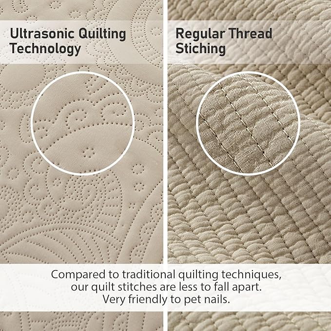 Qucover Oversized King Bedspreads 128x120, Soft Microfiber Ultrasonic Quilting Paisley Pattern California King Quilt Sets Oversized, 3 Piece Oversized Coverlet Bedding, Beige