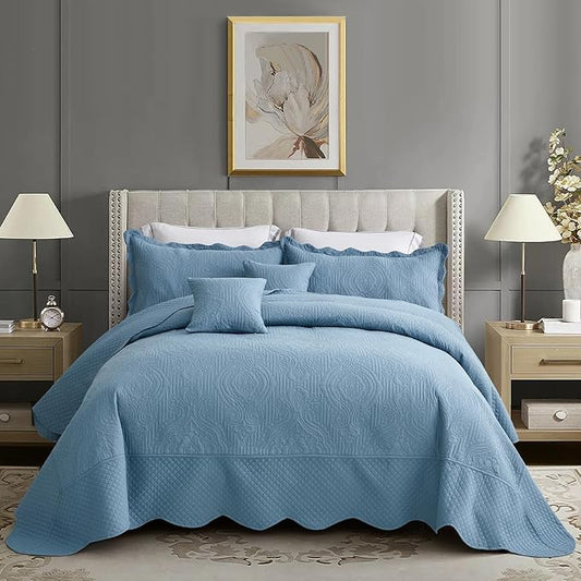 HZ & HY Oversized King Bedspread 138x122 Extra Wide, Ultrasonic Coverlet Bedding Set, Lightweight Thin Comforter, Reversible, 5 Piece, 100% Microfiber, California/Alaskan King, Ashley Blue