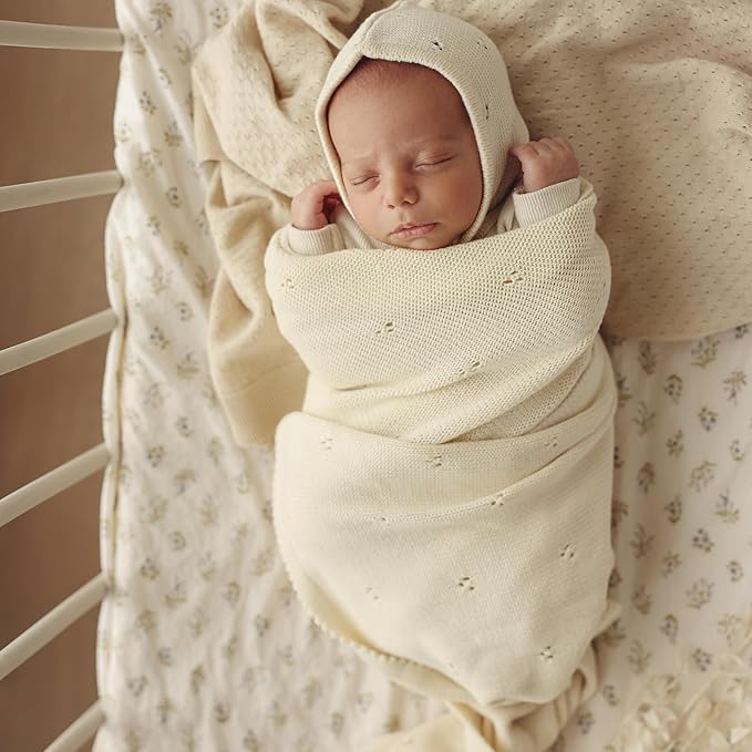 Baby Gift Set - Organic Cotton Newborn Blanket Essentials, Thoughtful Baby Shower & New Baby Gift for Boys & Girls (Pointelle - Butter Cream)