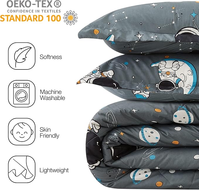 JSD Grey Astronaut Kids Comforter Set Full Size, 3 Piece Space Theme Microfiber Comforter with Pillow Shams, Lightweight All Season Washable
