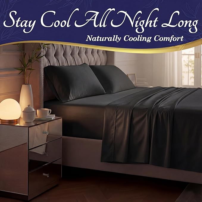DECOLURE 100% Viscose Derived from Bamboo Sheets Full Size - Luxury 4 Pc Naturally Cooling Sheets, Ultra Soft Bed Set - Deep 17" Pockets, Durable Double Stitching, Oeko Tex Standard (Black)