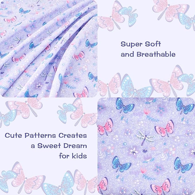 Kids Sheet Set Full Size, Girls Full Sheet Set with Floral Purple Butterfly Pattern, Breathable Silky Soft Microfiber Kids Fitted Sheet