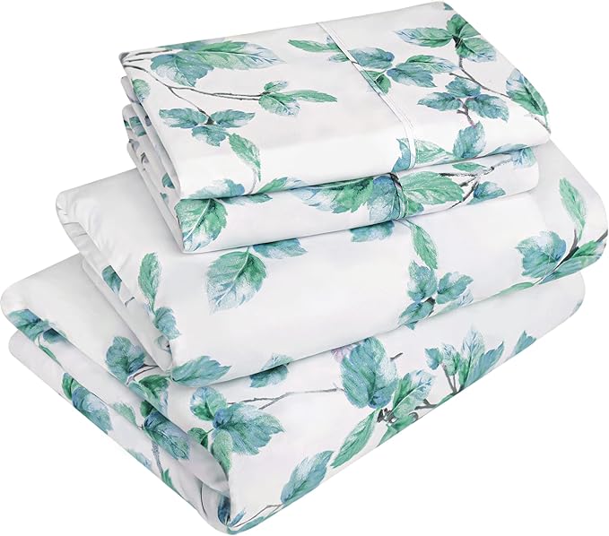 Utopia Bedding Queen Sheet Set, Soft Microfiber 4 Piece Bed Sheets with 15" Deep Pocket - Easy Care Brushed Microfiber (Leaves Mint - Green)