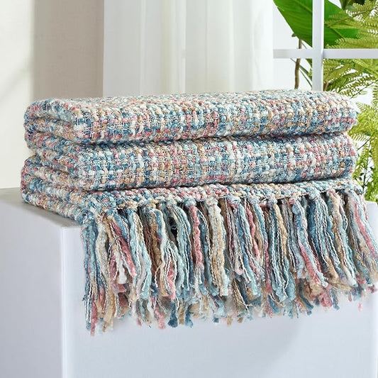 Multi-Color Pink Blue Cable Knitted Throw Blanket for Couch,50"X60" Boho Style Textured Blankets for Home Decor,Super Soft Warm Cozy Chunky Knit Blanket with Decorative Tassels for Bed
