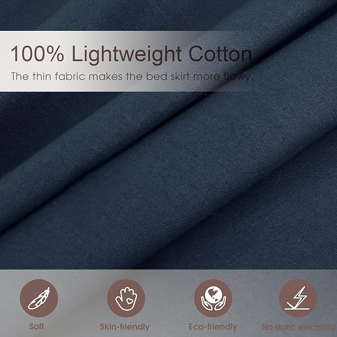 Queen Size 14 inch Drop Navy Blue Dust Ruffle, 100% Lightweight Cotton Ruffled Bed Skirt, French Coutry Style, Lace Ruffled Bed Skirt with Split Corners