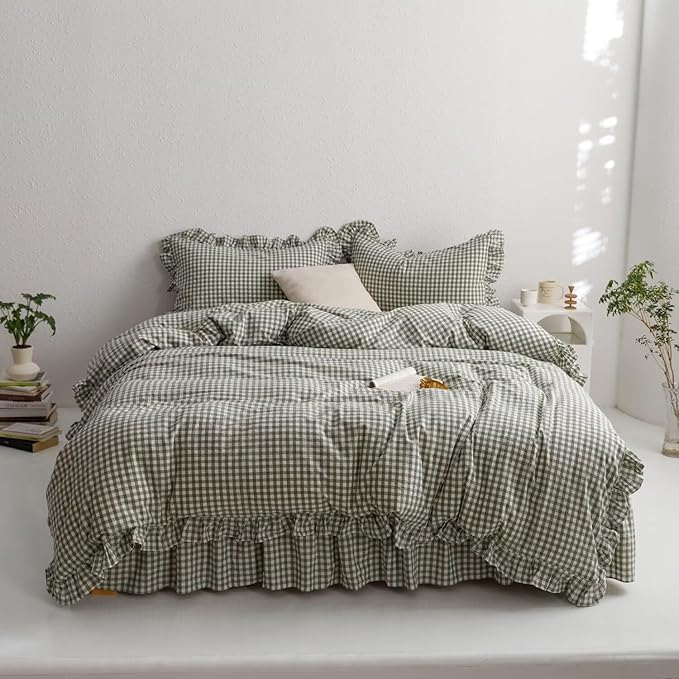 mixinni Green Gingham Ruffle Duvet Cover Full Size 3 Pieces – 100% Washed Cotton, Vintage Plaid Ruffled Bedding Set with Zipper Ties, Soft Checkered Grid Farmhouse Chic Comforter Cover Set