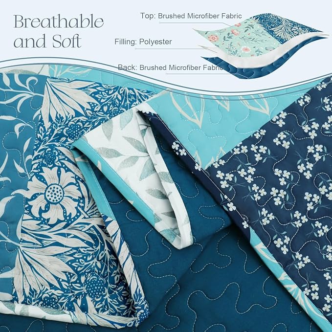 Exclusivo Mezcla Reversible Boho Quilts King Size, Navy Blue Bedspreads Lightweight Coverlet All Season Patchwork Quilt Bedding Set with Printed Floral Pattern (1 Quilt, 2 Pillow Shams)
