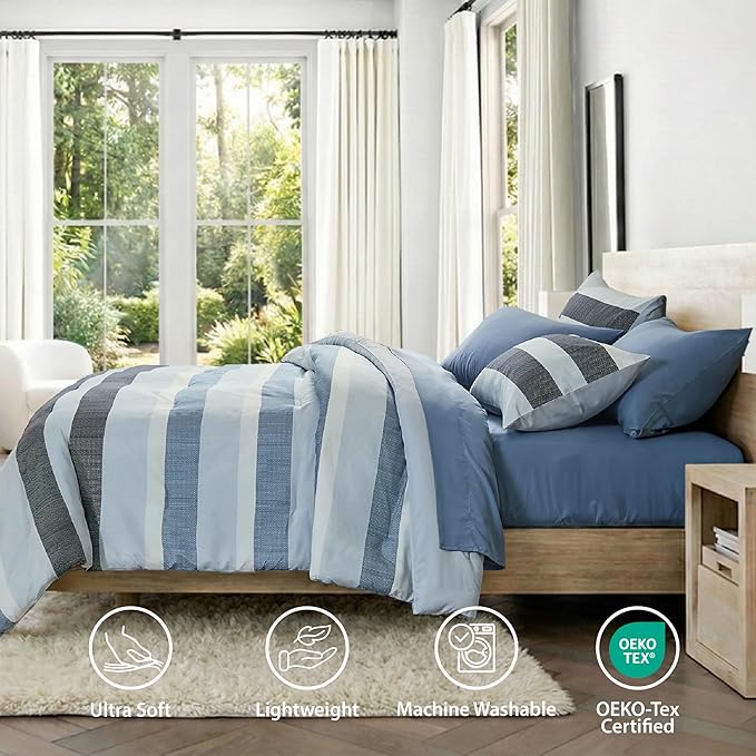 Twin Size Striped Comforter Set, Soft Microfiber Reversible Bedding Sets for All Season 5 Pieces Bed in A Bag Set with Comforter, Sheets, Pillowcase & Sham, Navy/Blue