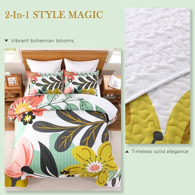 Andency Floral Boho California King Quilt Bedding Set Green, 3 Pieces Farmhouse Flower Botanical Summer Oversized King Bedspreads, Soft Reversible Lightweight Microfiber Coverlet Set, 104"x112"