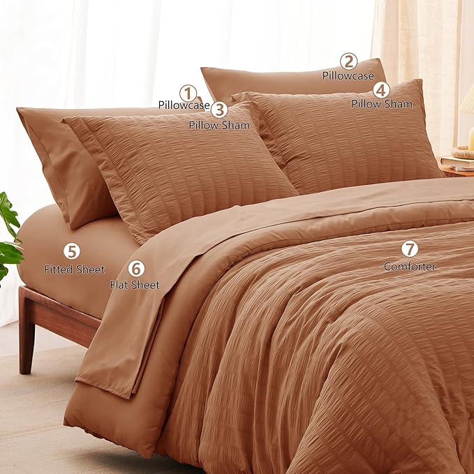 CozyLux King Size Comforter Set Pumpkin Seersucker 7 Pieces Bed in a Bag King Comforter Set with Sheets, Luxury Bedding Set with Down Alternative Comforter, Sheets, Pillowcases & Shams All Seasons