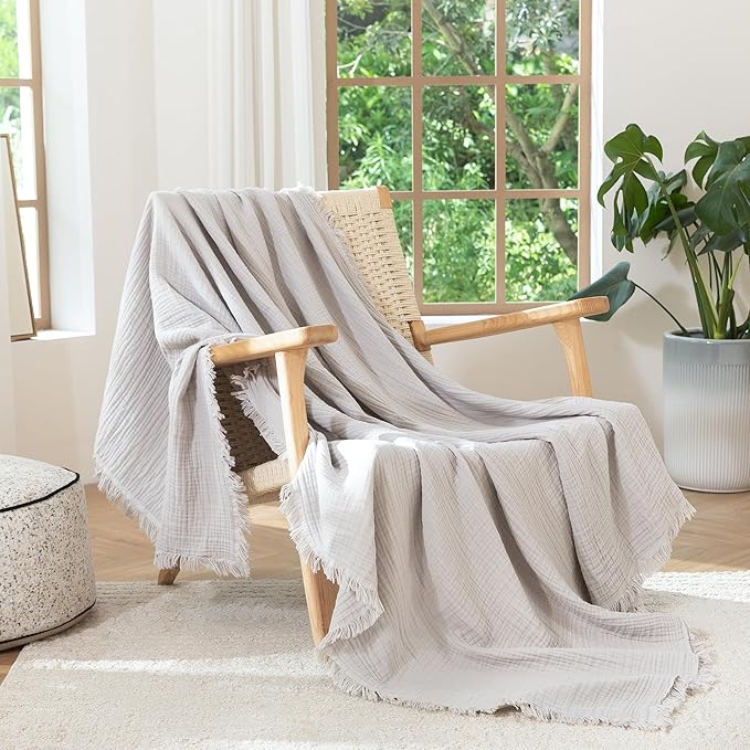 MooMee Muslin Blanket - 100% Cotton 4-Layer Gauze Throw Blanket with All-Around Fringe, Ultra-Soft Breathable Lightweight Cooling Decorative for Bed, Sofa & Couch (Light Grey,King 104" x 90")