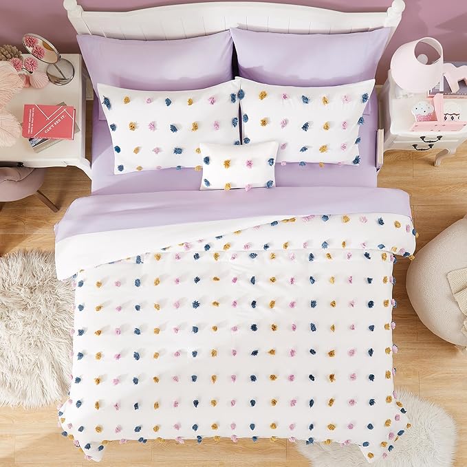 Geniospin Full Comforter Set, 7 Pieces Ball Pom Comforter Sets, Colored Pom Bed in a Bag Full, All Season Down Alternative Bedding Set, Lightweight, Warm and Breathable
