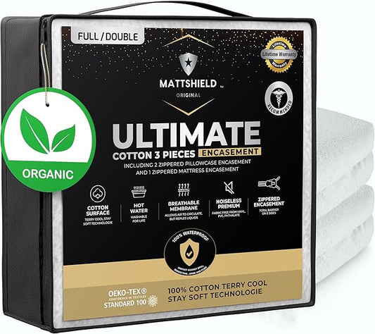 MATTSHIELD Ultimate Sensitive Skin 3-Piece Kit – Full Size Bed Bug Mattress Protector + 2 Zippered Pillow Covers – Organic Cotton Terry Top – Waterproof 6-Sided Encasement, Soft & Breathable