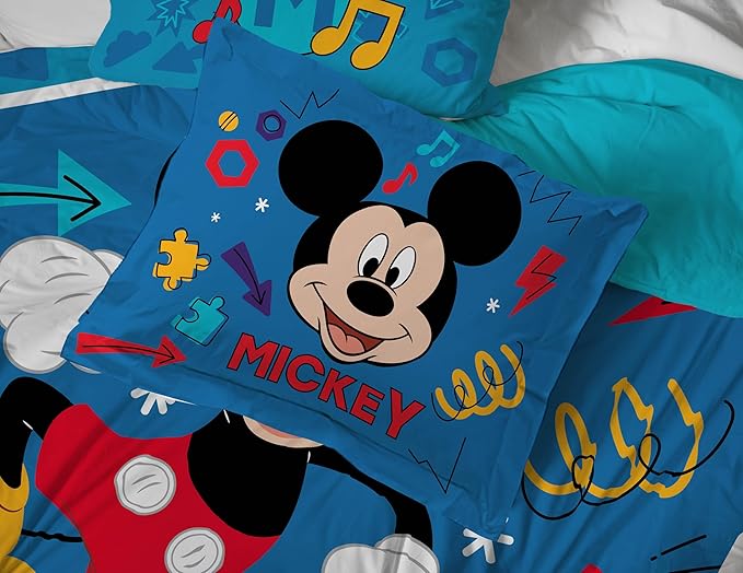 Jay Franco Kids Comforter Set Includes Sheets and Pillow Covers - Soft and Cozy Bed Set for Stylish Room Decor, Blue - Mickey Mouse, 7 Piece Full Bedding