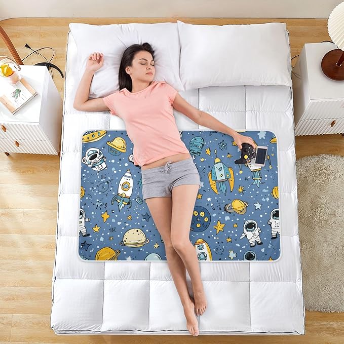 Waterproof Bed Pad Reusable Changing Pad Toddler Mattress Protector Large Pee Pad Baby Diaper Pad Soft Washable Liner Blue Cute Space Doodle Rocket Spacemen
