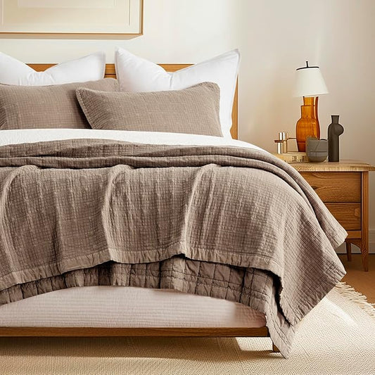 EVERGRACEHOME Stonewashed Cotton Quilt Set King Size, Ultra Soft Oversized Bedspread Coverlet Set, Lightweight Crinkle Box Stitch Bedding Sets for All Season, with 2 Shams, Mocha Brown