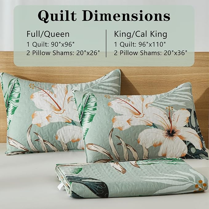 Yogeneg Queen Quilt Bedding Set,White Botanical Pattern Sage Green Full/Queen Quilt Set,3 Piece Lightweight Soft Summer Bedspread Coverlet with 2 PIillow Shams,All Season(Sage Green,90"x96")