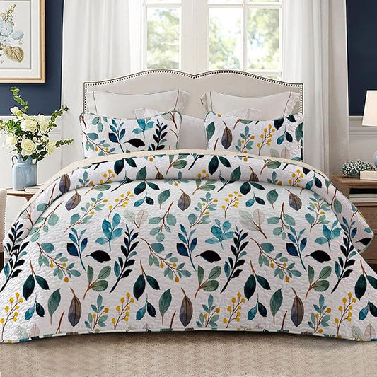 Whale Flotilla Reversible Printed Quilts Queen Size, Extra Soft Boho Floral Leaf Bedspreads for Bed Lightweight Full Queen Quilt Bedding Set Coverlets with 2 Pillow Shams for All Seasons, White Green