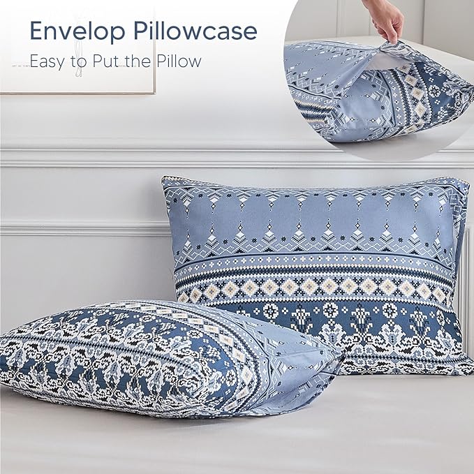 Lekesky Boho Duvet Cover Queen Size, Blue Comforter Cover Queen Size White Geometric Floral Printed Duvet Set, 3 Pieces Soft Microfiber Bedding Set with Zipper Ties (Queen, 90"x90")