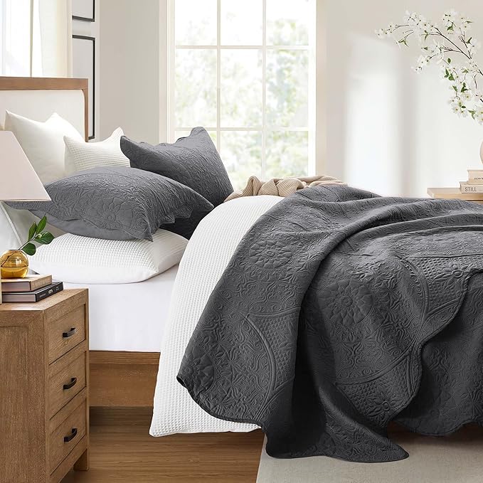 IR Imperial Rooms 8 Pack Quilt King Size Bedding (106" x 96") - Bulk Wholesale for Hotels, Guest Bedroom & Airbnbs - Lightweight Microfiber Reversible Floral Embossed Quilts Bedspreads (Charcoal)