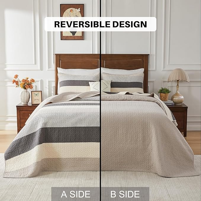 Oversized King Quilt Bedspread Coverlet 128x120, 100% Cotton California King Quilt with Pillow Shams, Soft Yarn Dyed Striped Bedding Set, Gray/Khaki/Beige/Charcoal