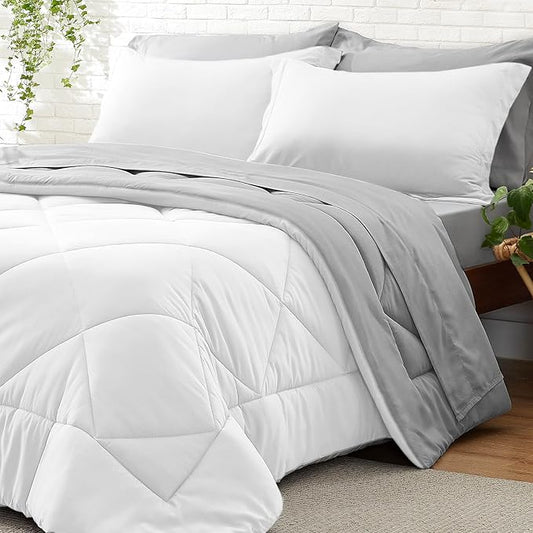 BEDELITE Twin XL Comforter Set 5 Pieces Bed in A Bag - Soft Microfiber Reversible Twin Extra Long White Bed Set with Comforters, Sheets, Pillowcase & Sham, Cozy Bedding Sets for College Dorm Room