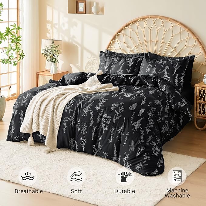 MUXHOMO Black Full Comforter Set, Elegant Floral Print Bed in a Bag 7 Pieces, Ultra Soft & Breathable Reversible Botanical Pattern Bedding Set with Comforter, Sheets, Pillowcases, and Shams