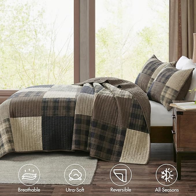 Woolrich Winter Hills Reversible Quilt Set - Cottage Styling Reversed to Solid Color, All Season Lightweight Coverlet, Cozy Bedding Layer, Matching Shams, Oversized King/Cal King, Plaid Tan 3 Piece