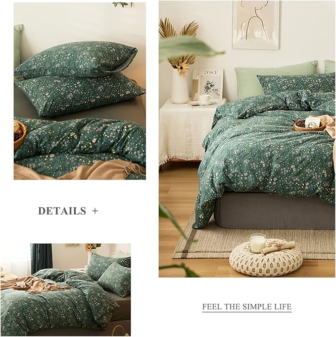 HighBuy Jersey Knit Cotton Duvet Cover King Green Floral 100% T-Shirt Cotton Comfy Bedding Sets Super Soft Garden Chic Comforter Cover King Size